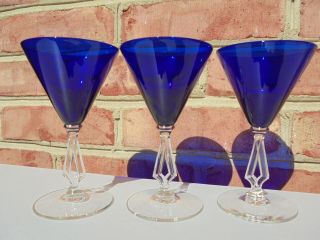3 Vintage Morgantown Glass Cobalt Blue Clear Art Moderne Cocktail Goblets 4 7/8 "