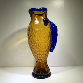 Blenko 9425s Topaz Cobalt Fish Vase 12 1/4”