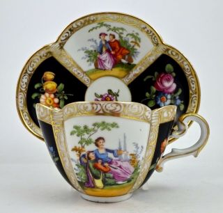 Antique Dresden Tea Cup & Saucer,  Meissen Style,  Quatrefoil Shape