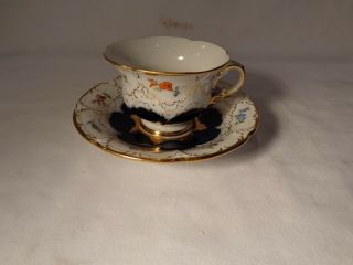 2 Pc Meissen Porcelain B Form Hp Floral Cobalt Blue Gold Demi Cup & Saucer - Nr