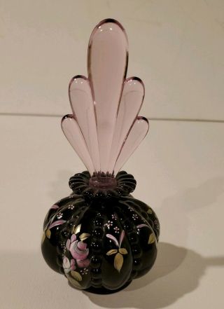 Fenton Hand Painted Black Glass Plum Stopper Perfume Bottle Rare Htf