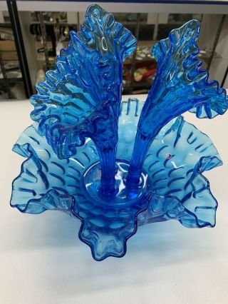 Vintage Fenton Art Glass Blue Thumbprint 3 Horn Epergne