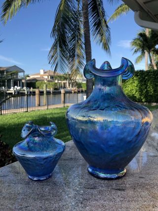 Fenton Glass Vase Set Opalescent Iridescent Blue Ruffle Top