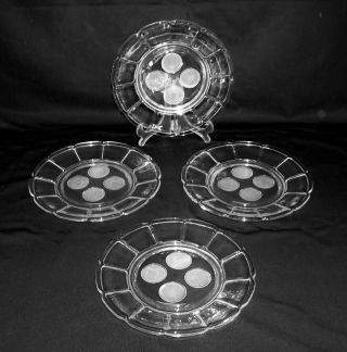 4 Fostoria Crystal Coin Glass 8 " Plates Frosted Coins Ground Bases Very Rare - 4