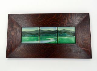 Grueby Inspired Motawi " Riverscape " Set Of 3 Tile Triptych Landscape Scene 3 X 3