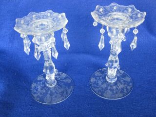 Cambridge Rosepoint 3121 Candlesticks With Etched Base & Bobeches