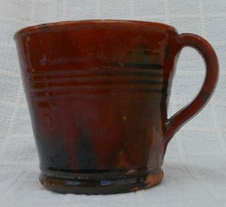 Good Early American Pennsylvania Redware Handled Shaving Mug Green On Red Glaze