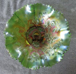 Northwood Green Carnival Glass Good Luck W/ Ribbed Back 8 1/2 " Bowl