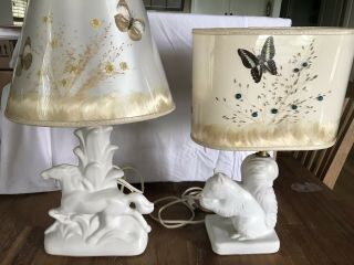 Vtg Van Briggle Pottery White Squirrel And White Horse Lamps W/ Orig Shades (2)