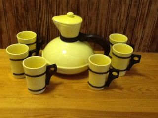 Catalina " Rancho " Coffee Carafe & Matching 6 Cups Mugs Set Art Deco Wood Handles