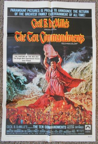 The Ten Commandments Vintage Movie Poster 1 Sheet 1972 Nm