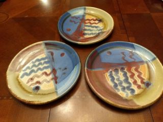 Set Of 3 Vintage Dinner Plates From Art Potter Walt Glass,  Mcqueeney Pottery