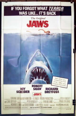 Jaws @1975 Authentic 1st Rerelease 1sht Poster C7/c8 Ex - Fine
