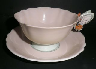 Vintage Paragon Light Pastel Beige Butterfly Handle Green Accent Cup Saucer