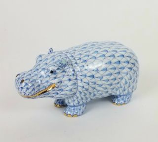 Herend Smiling Hippo Hippopotamus Figurine Blue Fishnet