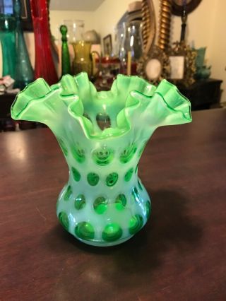 Vintage Fenton Opalescent Green Coin Dot Ruffle Vase Hard To Find 1959 - 1961