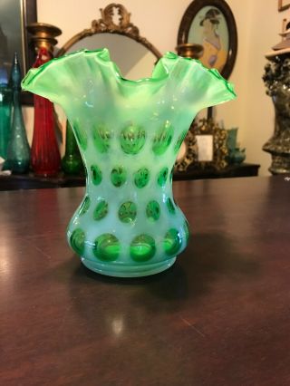 Vintage Fenton Opalescent Green Coin Dot Ruffle Vase Hard To Find 1959 - 1961 2