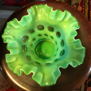 Vintage Fenton Opalescent Green Coin Dot Ruffle Vase Hard To Find 1959 - 1961 3