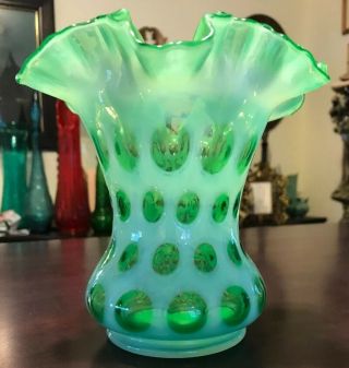 Vintage Fenton Opalescent Green Coin Dot Ruffle Vase Hard To Find 1959 - 1961 5