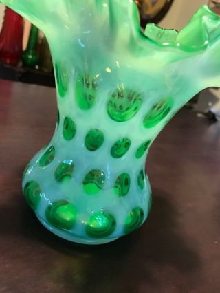 Vintage Fenton Opalescent Green Coin Dot Ruffle Vase Hard To Find 1959 - 1961 6