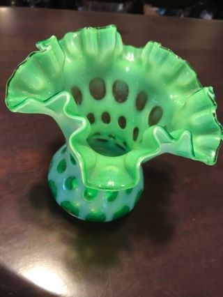 Vintage Fenton Opalescent Green Coin Dot Ruffle Vase Hard To Find 1959 - 1961 7