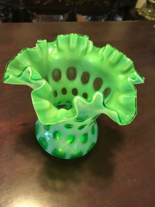 Vintage Fenton Opalescent Green Coin Dot Ruffle Vase Hard To Find 1959 - 1961 8