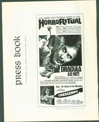 Dracula A.  D.  1972 / Crescendo Christopher Lee Peter Cushing Horror Pressbook