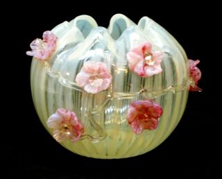 Victorian Canary Vaseline Opalescent Stripe Art Glass 6 " Rose Bowl Applied Roses