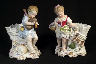 1800s Fine Antique Pair Meissen Spill Vases Boy Plays Bagpipes Girl Feeds Goat