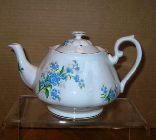 RARE Vtg Royal Albert FORGET ME NOT Blue TEAPOT Tea Pot MINTY Fine Bone China 2