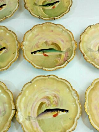 11 Vintage Limoges Fish Plate Signed Coronet France Hand Painted Artiist signed 7