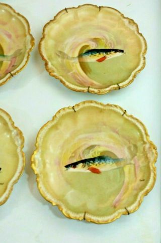 11 Vintage Limoges Fish Plate Signed Coronet France Hand Painted Artiist signed 8