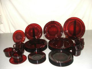 Ruby Red Arcoroc Dinnerware Set - 8 Dinner & Desert Plates,  Bowls,  Cups,  Saucers