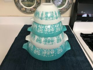 Complete Set 4 Pyrex Glass Amish Butterprint Cinderella Mixing Bowls Excl