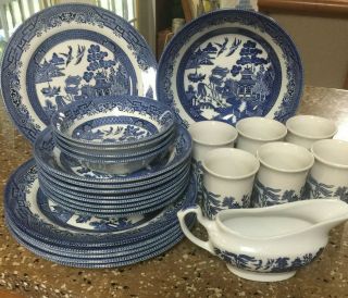 Churchill Blue Willow 26 Pc Dinnerware Set,  Dinner Plates,  Bowls,  Mugs,  Etc.