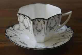 Shelley Queen Anne Black White Art Deco Teacup Tea Cup Saucer Flower Garland