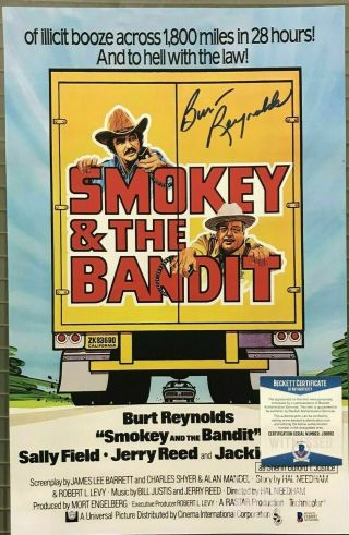 Burt Reynolds Signed 11x17 Smokey & The Bandit Poster Beckett Bas Witnessed