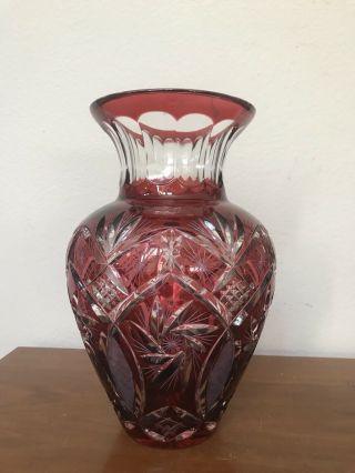 Gorgeous Bohemian Cranberry Deep Red Cut Clear Crystal Vase Large 11”h
