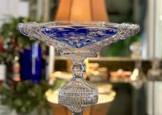 Vintage Anna Hutte Bleikristall Blue Flash Crystal Pedestal Compote Germany 11 "