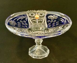Vintage Anna Hutte Bleikristall Blue Flash Crystal Pedestal Compote Germany 11 