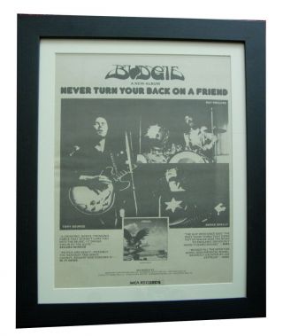 Budgie,  Never Back On Friend,  Poster,  Ad,  Rare 1973,  Framed,  Fast Global Ship