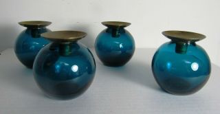 4 Vintage Gunnar Ander Lindshammer Mid Century Sweden Blue Glass Candle Holders