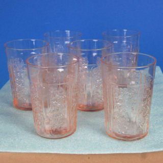 Federal Glass - Pink Sharon Cabbage Rose - 6 Thin Flat Tumblers - 4 Inches