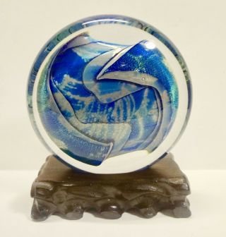 Vintage Robert Eickholt Art Glass Paperweight Blue Swirl Signed 1990