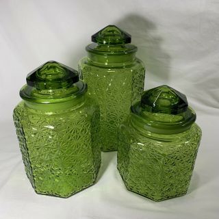 L.  E.  Smith Olive Green Daisy Button 6 Piece Canister Set Modern Retro Apothacary