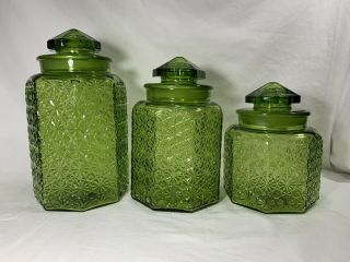 L.  E.  Smith Olive Green Daisy Button 6 Piece Canister Set Modern Retro Apothacary 2