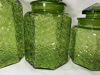 L.  E.  Smith Olive Green Daisy Button 6 Piece Canister Set Modern Retro Apothacary 3