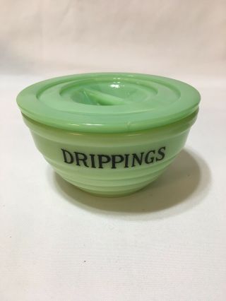 Vintage Green Jadeite Glass Drippings Bowl Jadite Grease Jar Lid Beehive Vgc