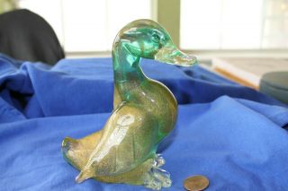 Murano Glass Seguso Duck Blue Green With Gold Speckled Flakes Throughout