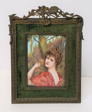 Antique French Art Nouveau Limoges Enamel Over Copper Portrait Painting Plaque